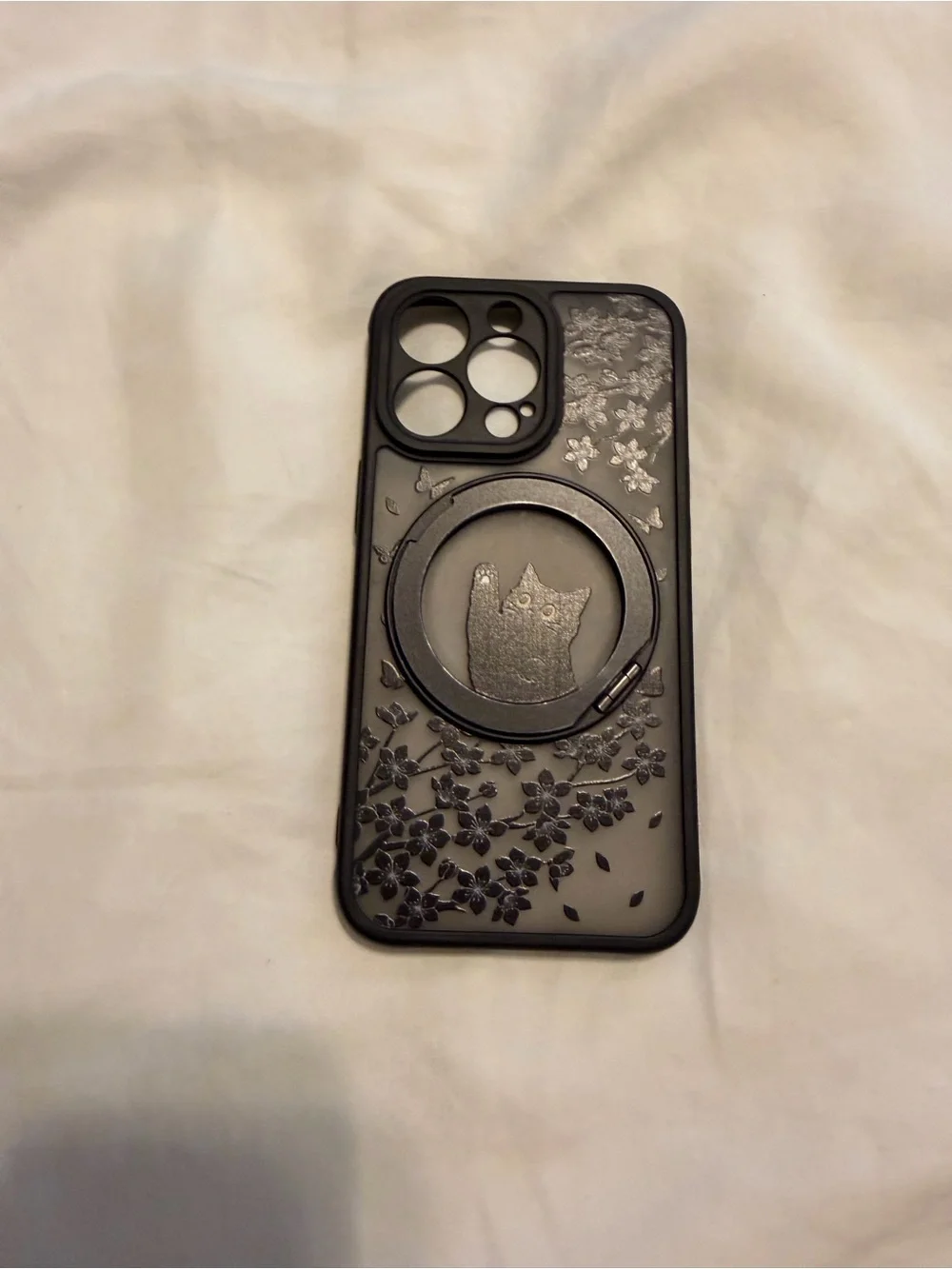 Black Cat Floral iPhone 13 Pro Case with Ring Grip